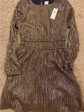 GAP Girls Metallic Gold Pleated Long-Sleeve Dress